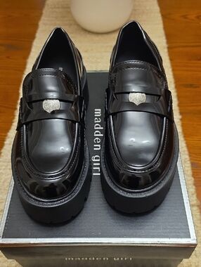 Madden Girl Black Patent Leather Chunky Penny Loafers